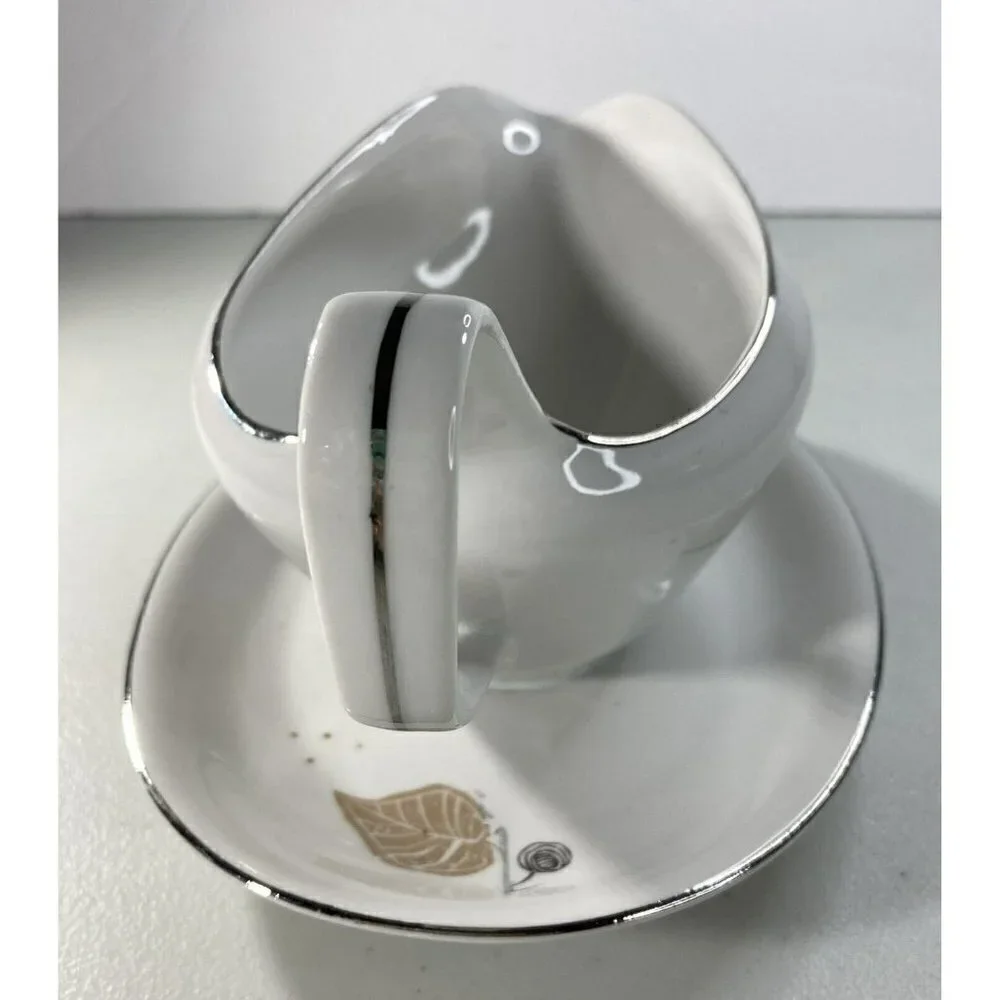 Bavaria Germany Fine China Mid-Century Blue Brown Leaf Gravy Boat Silver Edging